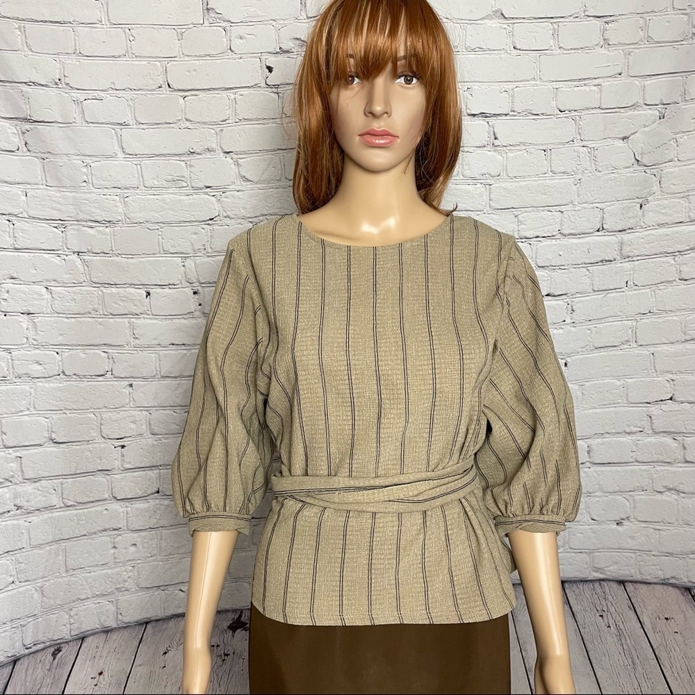 Zara Trafaluc Puff Sleeve Beige Stripes Waist Tie Top Size M